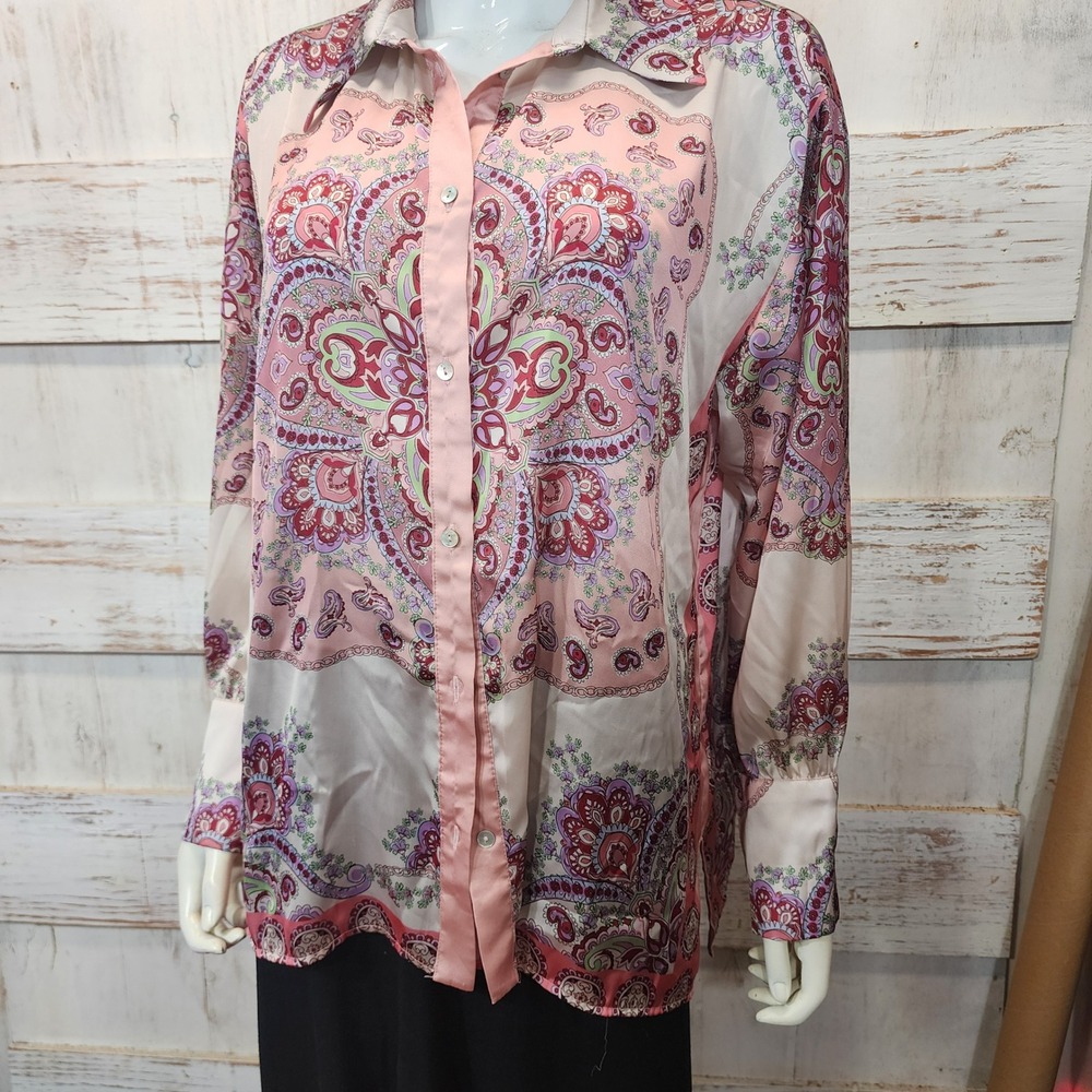 Zara Pink Purple Paisley Medallion Satin Button Down Blouse Size M Long Sleeve